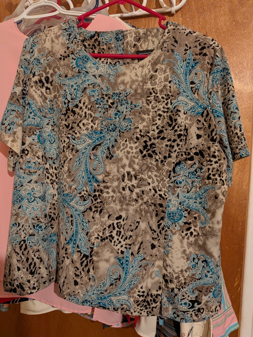 Women’s Paisley Print Short Sleeve Top in Teal, Black and Brown